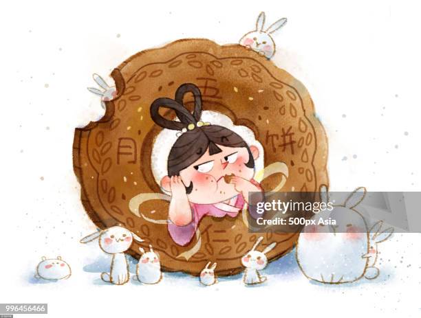 illustration of girl and rabbits eating large mooncake - mooncake stock illustrations