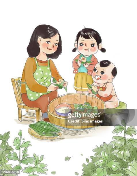 stockillustraties, clipart, cartoons en iconen met illustration of mother preparing zongzi dumplings and children eating - chinese knoedel