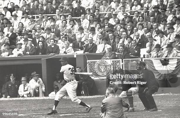 Bill Bruton of the Detroit Tigers bats against the Washington Senators on Opening Day at D.C. Stadium on April 9, 1962 in Washington, DC. President...