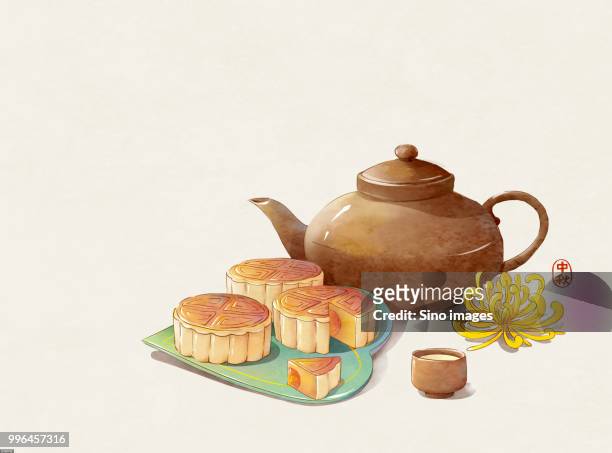 illustration of teapot and mooncakes - mooncake stock illustrations