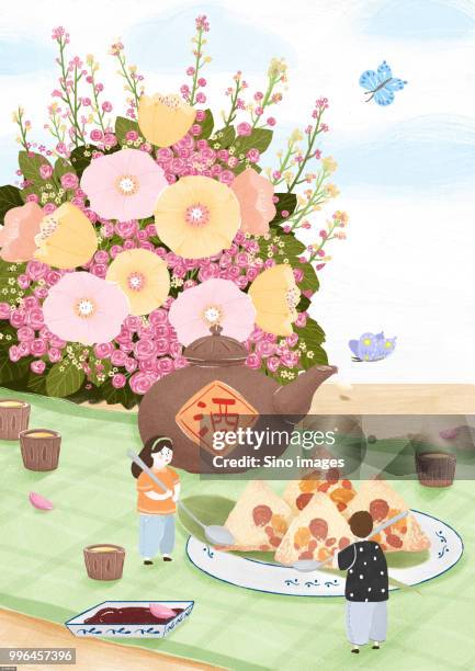 stockillustraties, clipart, cartoons en iconen met dragon boat festival themed illustration with tiny boy and girl eating zongzi dumplings - chinese knoedel