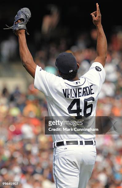 Jose Valverde of the Detroit Tigers points to the sky to celebrate the victory against the Boston Red Sox at Comerica Park on May 16, 2010 in...