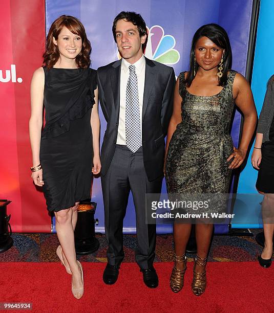 Actors Ellie Kemper, B.J. Novak and Mindy Kaling attend the 2010 NBC Upfront presentation at The Hilton Hotel on May 17, 2010 in New York City.