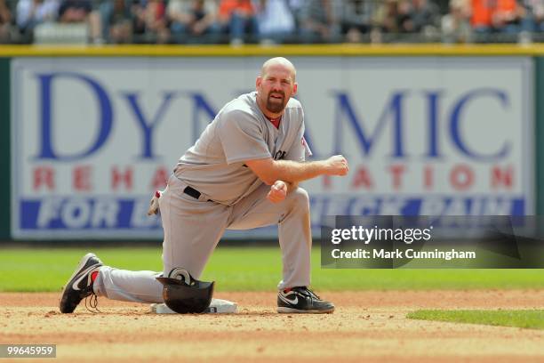 Kevin Youkilis of the Boston Red Sox looks on during a break in the play during the game against the Detroit Tigers at Comerica Park on May 16, 2010...