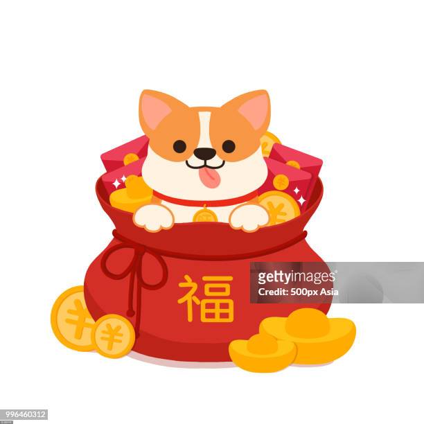 stockillustraties, clipart, cartoons en iconen met illustration of dog in bag with money, ingots and good luck fu character - good luck