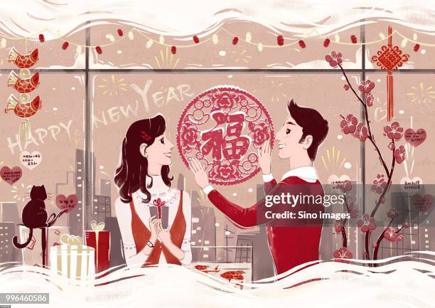 stockillustraties, clipart, cartoons en iconen met illustration with couple with man hanging chinese paper cutting of fu good luck character - good luck