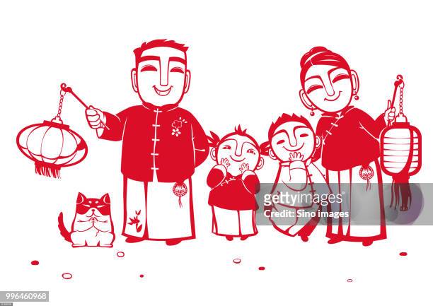 stockillustraties, clipart, cartoons en iconen met chinese paper cutting of family with lanterns and dog - chinese dog lantern