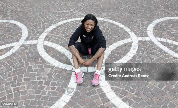 Suzanne 'Africa' Engo poses at the Stade Louis II on May 17, 2010 in Monte-Carlo, Monaco. Celebrity activist Suzanne 'Africa' Engo trains in...