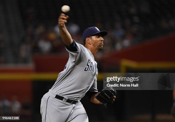 Tyson Ross of the San Diego Padres delivers a pitch against the Arizona Diamondbacks at Chase Field on July 7, 2018 in Phoenix, Arizona.