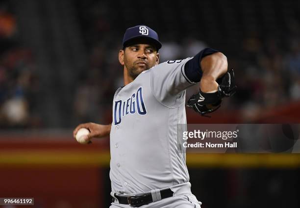 Tyson Ross of the San Diego Padres delivers a pitch against the Arizona Diamondbacks at Chase Field on July 7, 2018 in Phoenix, Arizona.