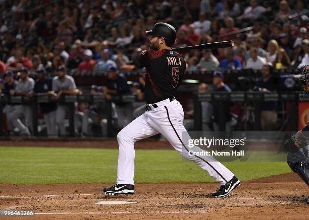 Alex Avila of the Arizona Diamondbacks follows through on a swing against the San Diego Padres at Chase Field on July 7, 2018 in Phoenix, Arizona.