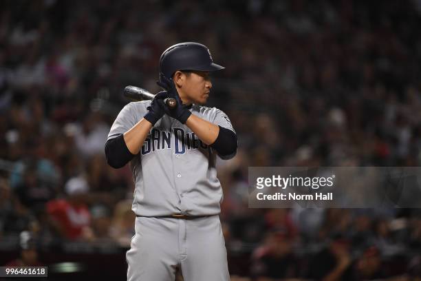 Kazuhisa Makita of the San Diego Padres gets ready in the batters box during the fourth inning against the Arizona Diamondbacks at Chase Field on...