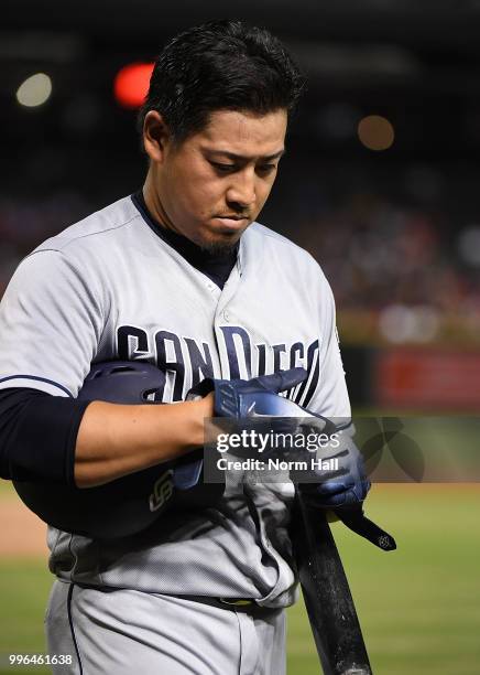 Kazuhisa Makita of the San Diego Padres walks back to the dugout after a fourth inning at bat against the Arizona Diamondbacks at Chase Field on July...