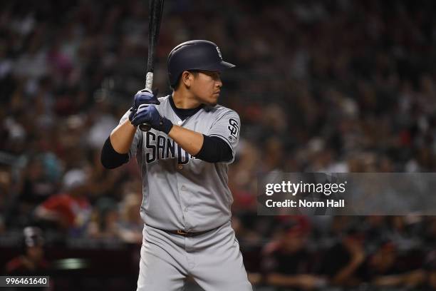 Kazuhisa Makita of the San Diego Padres gets ready in the batters box during the fourth inning against the Arizona Diamondbacks at Chase Field on...