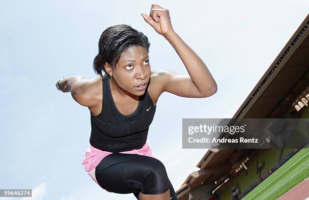 Suzanne 'Africa' Engo trains at the Stade Louis II on May 17, 2010 in Monte-Carlo, Monaco. Celebrity activist Suzanne 'Africa' Engo trains in...