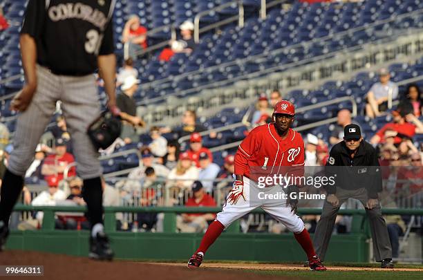 Nyjer Morgan of the Washington Nationals takes a lead off of first base against the Colorado Rockies at Nationals Park on April 22, 2010 in...