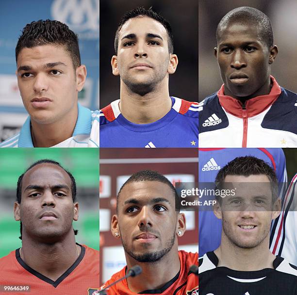 Combo made of file pictures shows six French football team members Marseille midfielder Haten Ben Arfa, Lille's defender Adil Rami, Rennes' defender...