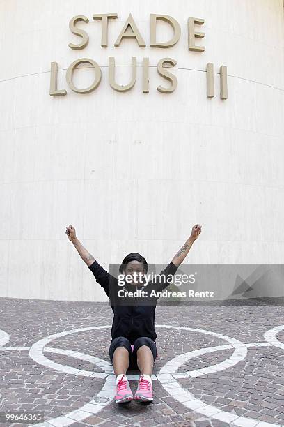 Suzanne 'Africa' Engo poses at the Stade Louis II on May 17, 2010 in Monte-Carlo, Monaco. Celebrity activist Suzanne 'Africa' Engo trains in...