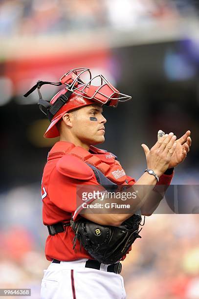Ivan Rodriguez of the Washington Nationals applauds during the game against the Colorado Rockies at Nationals Park on April 22, 2010 in Washington,...