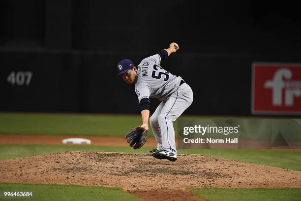 Kazuhisa Makita of the San Diego Padres delivers a warm up pitch during the fourth inning against the Arizona Diamondbacks at Chase Field on July 7,...