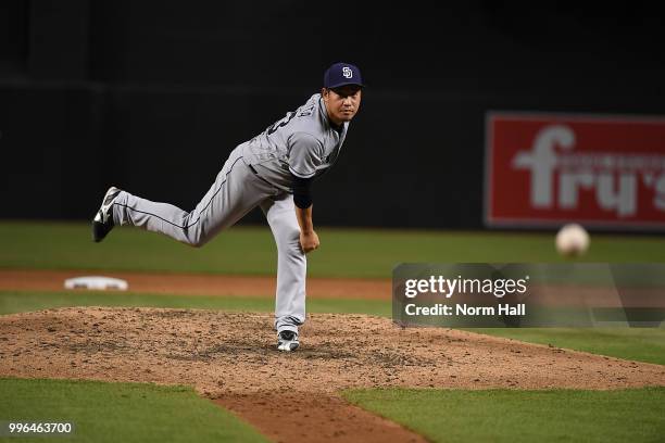 Kazuhisa Makita of the San Diego Padres delivers a warm up pitch during the fourth inning against the Arizona Diamondbacks at Chase Field on July 7,...