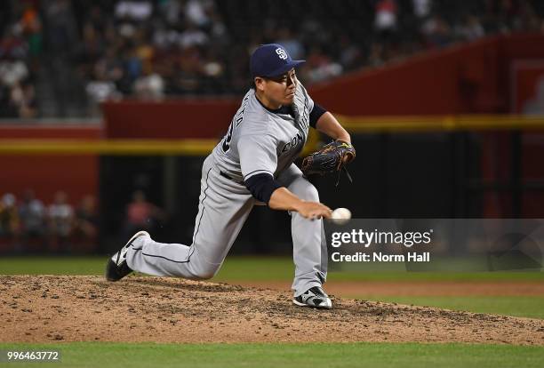 Kazuhisa Makita of the San Diego Padres delivers a fourth inning pitch against the Arizona Diamondbacks at Chase Field on July 7, 2018 in Phoenix,...