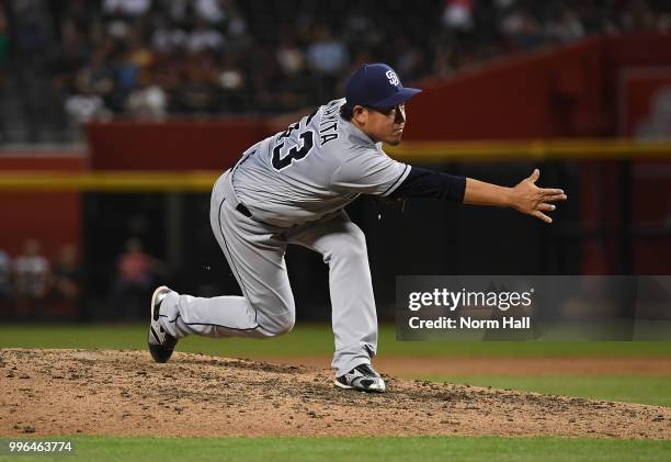 Kazuhisa Makita of the San Diego Padres delivers a fourth inning pitch against the Arizona Diamondbacks at Chase Field on July 7, 2018 in Phoenix,...