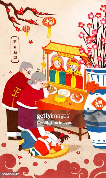 stockillustraties, clipart, cartoons en iconen met grandparents and children praying in front of kitchen god shrine - chinese worship the god of fortune in guiyuan buddhist temple