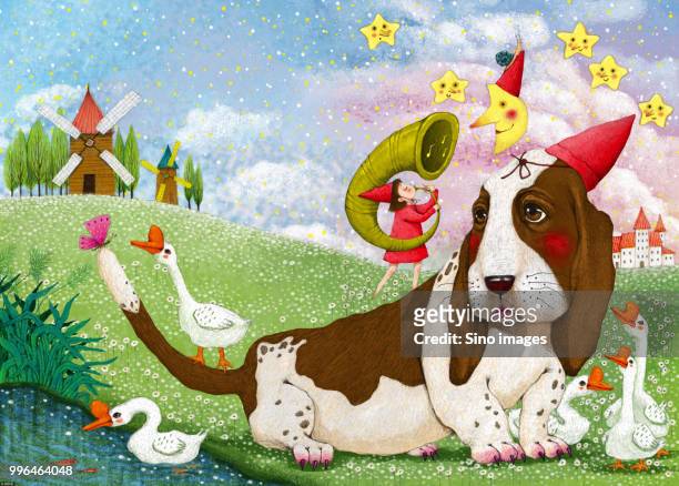 illustration of dog, geese and fairy playing horn - basset hound stock illustrations