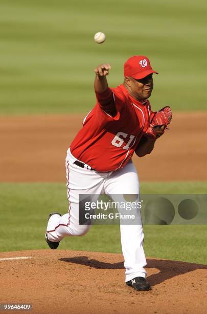 Livan Hernandez of the Washington Nationals pitches against the Colorado Rockies at Nationals Park on April 22, 2010 in Washington, DC.
