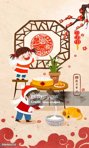 stockillustraties, clipart, cartoons en iconen met illustration of boy pounding rice cake - making a cake