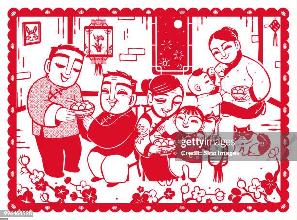 traditional chinese paper cutting of family eating tangyuan - asian eating stock illustrations