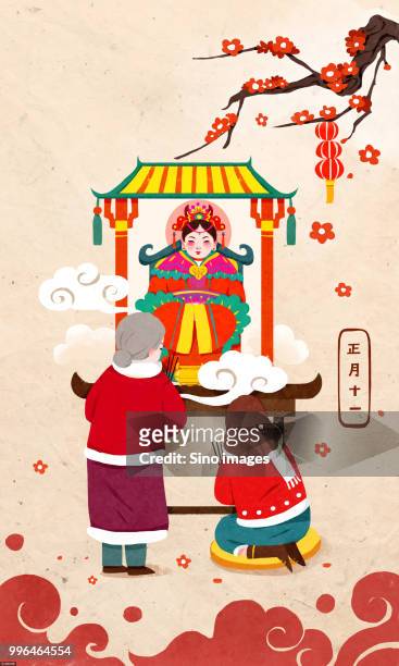 stockillustraties, clipart, cartoons en iconen met illustration of women praying in front of zigu toilet god shrine - chinese worship the god of fortune in guiyuan buddhist temple
