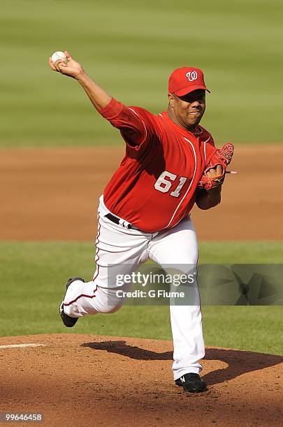 Livan Hernandez of the Washington Nationals pitches against the Colorado Rockies at Nationals Park on April 22, 2010 in Washington, DC.