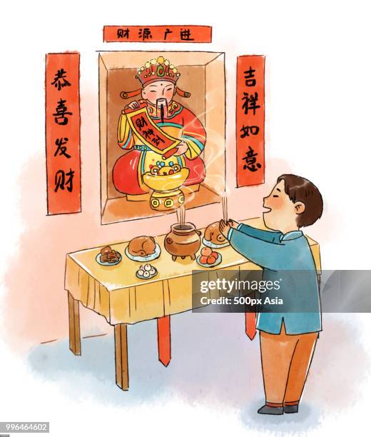 stockillustraties, clipart, cartoons en iconen met illustration of man praying in front of shrine of god of wealth caishen - chinese worship the god of fortune in guiyuan buddhist temple