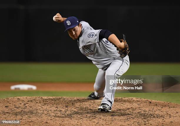 Kazuhisa Makita of the San Diego Padres delivers a warm up pitch during the fourth inning against the Arizona Diamondbacks at Chase Field on July 7,...