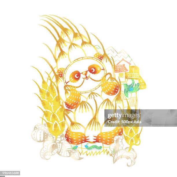 stockillustraties, clipart, cartoons en iconen met illustration of panda with wheat in field in summer - 500px