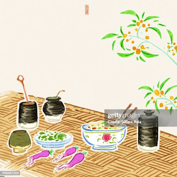 illustration with noodles in bowl, radishes and jars - 500px stock illustrations