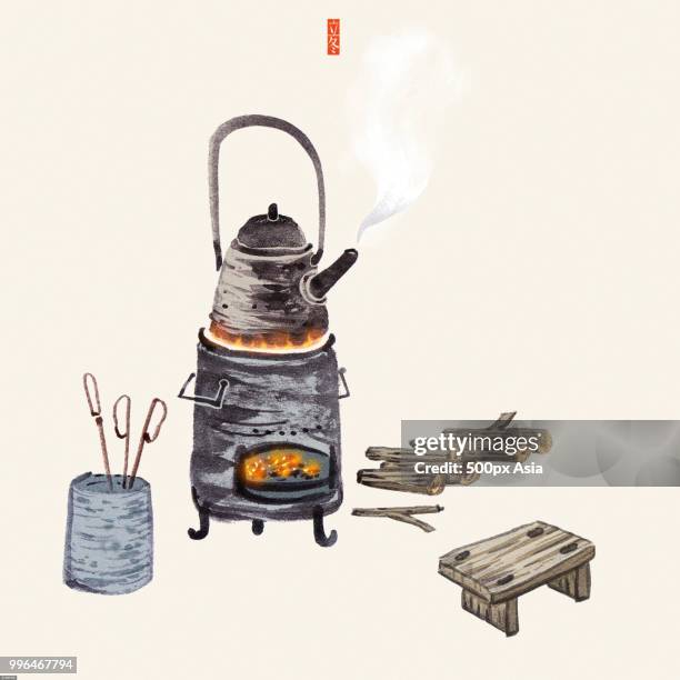 stockillustraties, clipart, cartoons en iconen met illustration of kettle on stove and firewood - 500px
