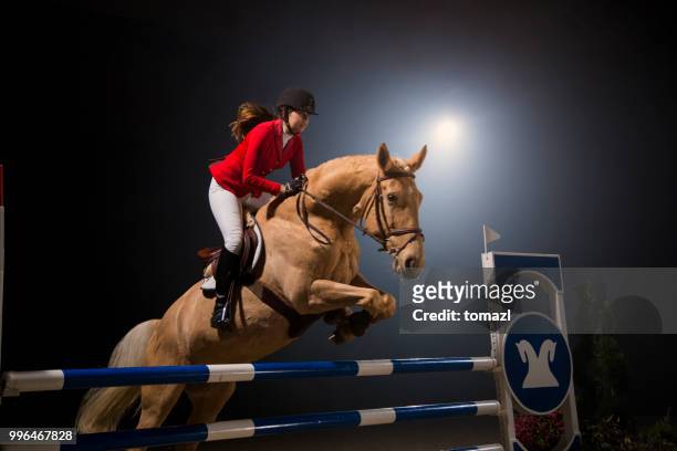 junge frau mit pferd über die hürde springen - horse racing jump stock-fotos und bilder