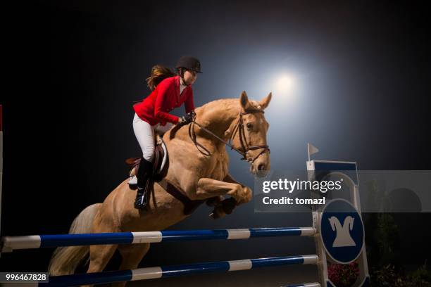 young woman jumping with horse over the hurdle - steeplechasing horse racing stock pictures, royalty-free photos & images