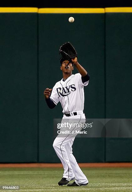Outfielder B.J. Upton of the Tampa Bay Rays catches a fly ball against the Seattle Mariners during the game at Tropicana Field on May 15, 2010 in St....