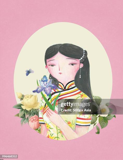 stockillustraties, clipart, cartoons en iconen met illustration with portrait of woman in cheongsam with flowers - 500px