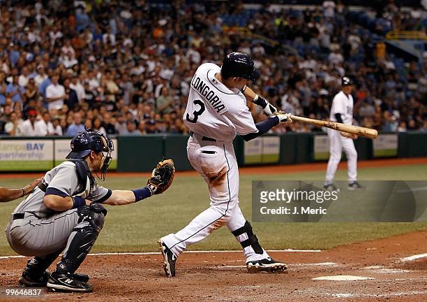 Infielder Evan Longoria of the Tampa Bay Rays bats against the Seattle Mariners during the game at Tropicana Field on May 15, 2010 in St. Petersburg,...