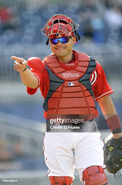 Ivan Rodriguez of the Washington Nationals motions towards a teammate during the game against the Colorado Rockies at Nationals Park on April 22,...