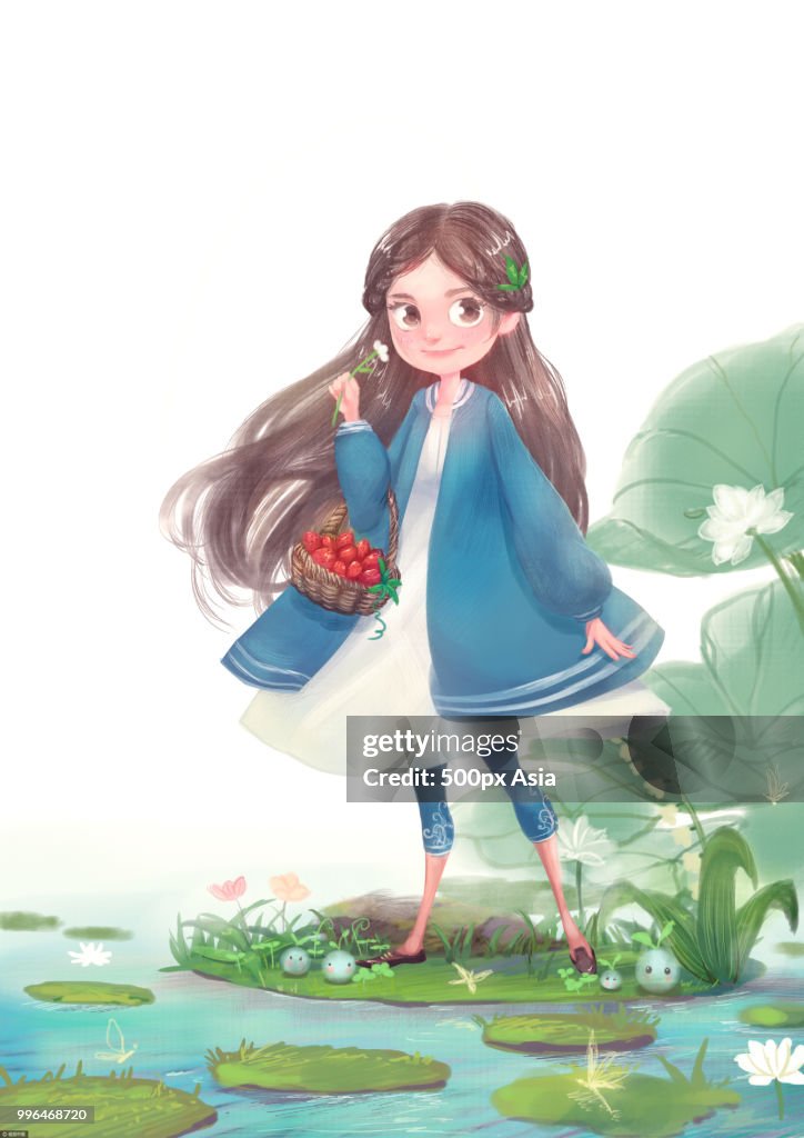 Illustration of girl walking near pond with basket of fruit