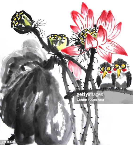 stockillustraties, clipart, cartoons en iconen met painting of birds perching on flower - 500px