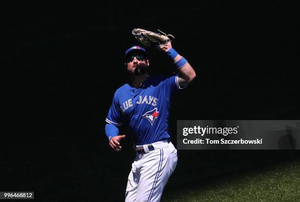 Kevin Pillar of the Toronto Blue Jays catches a fly ball in the fifth inning during MLB game action against the New York Yankees at Rogers Centre on...