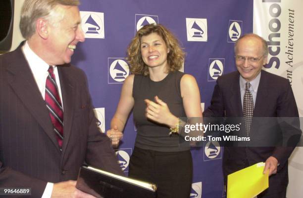 Steny Hoyer chats with actress Connie Britton of "Spin City" and Secretary of Education Richard Riley before speaking at the Grammy Foundation...