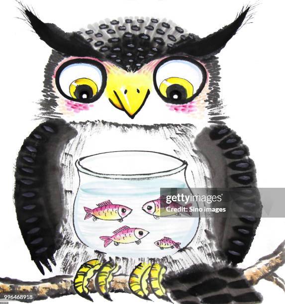 ink wash painting of owl with fishbowl with fish - five animals stock illustrations